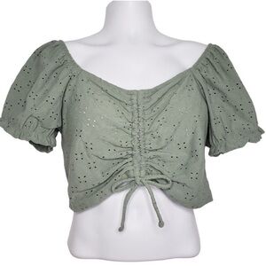 SO Juniors Cinch Front Puff Sleeve Crop Eyelet Laser Cut Top Sage Green Small